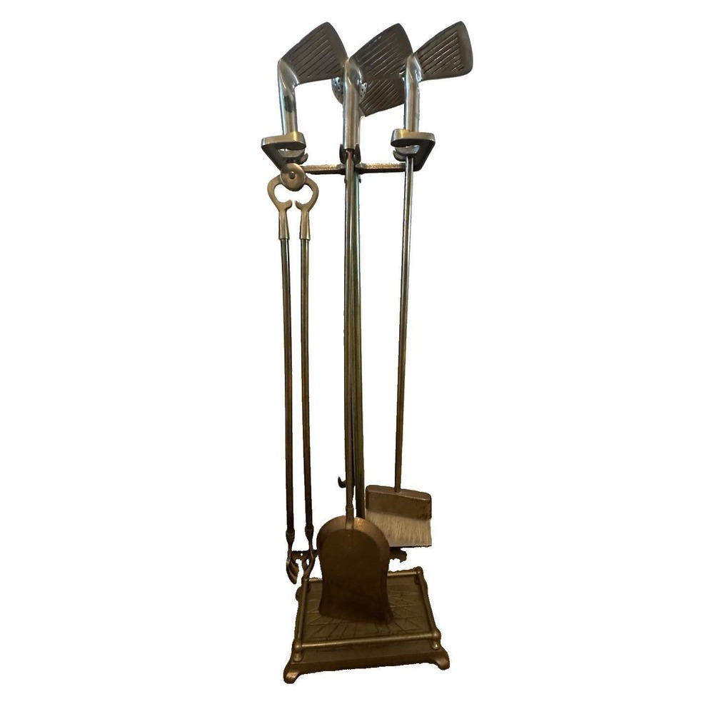 Brass Fireplace Tool Set Golf Theme Clubs & Ball 5 Pc Sports Novelty Vtg